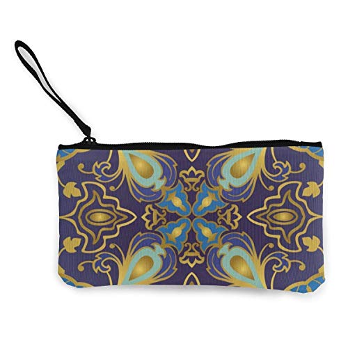 Oriental Decorativo Líneas Doradas Brillante Azul Rico y Púrpura Patrones de Lona Monedero Bolsa Cremallera Pequeño Carteras Mujer Portátil Gran Capacidad Personalizado