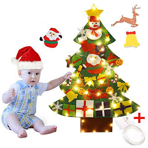 Outgeek Fieltro Árbol de Navidad, Árbol de Navidad DIY con 50 Luces LED 18 Unids Adornos para Niños Puerta del Hogar Decoración de Pared (18PCS)