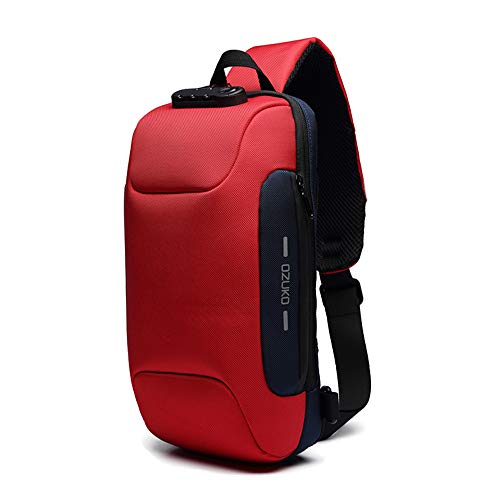 OZUKO Casual Sling Bag, Mochila de Hombro Bolsas de Hombro Impermeable Crossbody Bolsa Sling Pecho Bolsas, Hombres Sport Fitness Chest Bag con Puerto de Carga USB (Rojo)