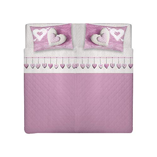 PENSIERI DELICATI Cama Doble Completa 100% Algodón, Sábanas Dobles Completas 180x200 Incluye sábana Bajera y Superior y 2 Fundas de Almohada, Made in Italy, patrón de corazón Colgante Rosado