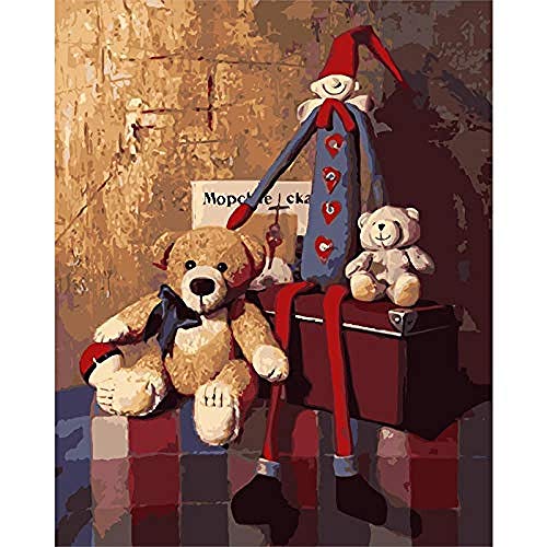 Pintura al óleo digital diy Oso y marioneta de juguete retro ornamento regalo arte principiantes paisaje calle vista decoración del hogar 40X50 cm DIY Pintura al óleo