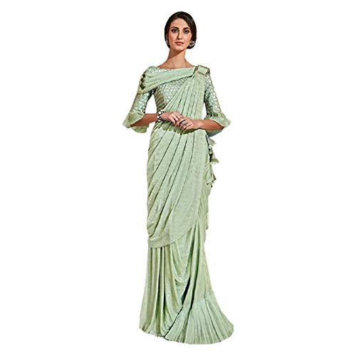 Pista Verde Lycra Volante Adornado Blusa Diseñador Draped Saree Fiesta Cóctel India Mujeres Sari 9716