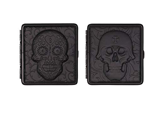 Pitillera de piel con diseño de calavera, para 20 cigarrillos (longitud normal de 85 mm), color negro