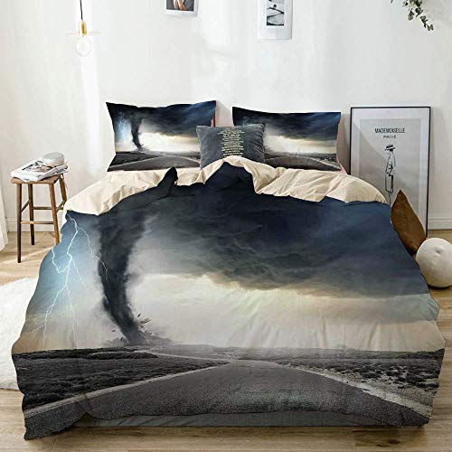 Popun Juego de Funda nórdica Beige, Negro Tornado Funnel Gas y Thunder Rolling on The Road Fume Disaster Monocromo, Juego de Cama Decorativo de 3 Piezas con 2 Fundas de Almohada