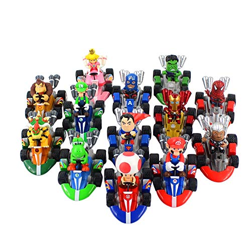 QIANMA Super Mario Juguetes 13 Piezas Super Mario Car Bros Mario Luigi Yoshi Peach Donkey Kong Ironman Hulk Thor Spiderman Superman Capitán América Kart Cars PVC Toys