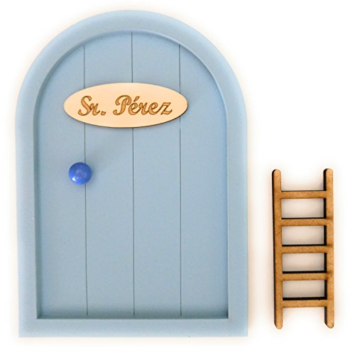 Ratoncito Pérez Puerta Madera Escalera + Felpudo + Ratoncito de Madera/Decoraciones de Pared con Adhesivo (Azul bebé)