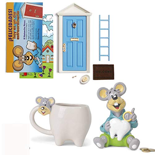 Ratoncito Pérez Puerta Mágica Azul + Hucha Infantil + Taza Original en Forma de Diente