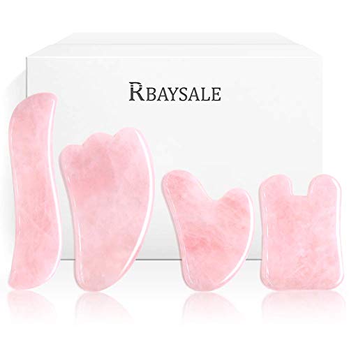 RBAYSALE Gua Sha, 4 Piezas de Herramienta de Masaje Cuarzo Rosa Piedra de Jade Herramienta de Belleza