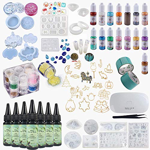 Resina Epoxi Transparente UV Crista Kit Manualidades con Pigmento Color Moldes Brillos, 7 Epoxi + Moldes para Joyas y Cajas de almacenamiento, Pigmento Perlado, con Biseles para Colgantes, con Lámpara