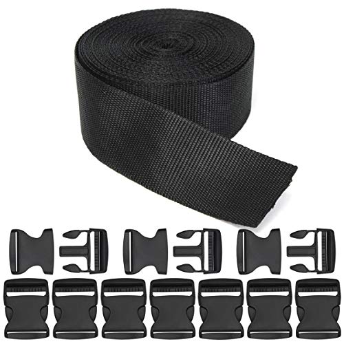 RETON 50MM 10 Yardas Negro Correa de Nylon Correas + 10 Piezas Hebillas Ajustables plástico Lateral Hebillas de liberación (50MM, 10 Piezas)