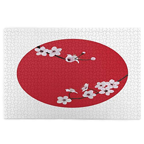 Rompecabezas de 1000 Piezas,Rompecabezas de imágenes,Cerezo japonés de flor de almendro sobre fondo de bandera Juguetes puzzle for Adultos niños Interesante Juego Juguete Decoración Para El Hogar