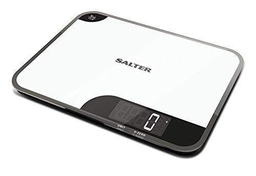 Salter báscula de cocina con función de tabla de cortar, placa, 5 kg, vidrio, 15 años de garantía, blanco