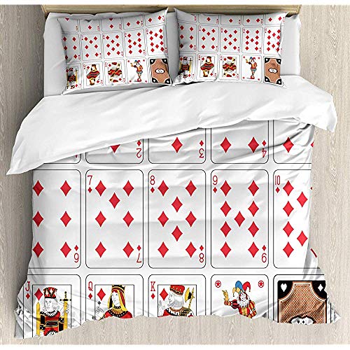 Snbin Baraja Abierta de Naipes de Traje de Diamante sobre Fondo Liso, Juego de Cama de 3 Piezas, 2 Fundas de Almohada, Blanco y Multicolor