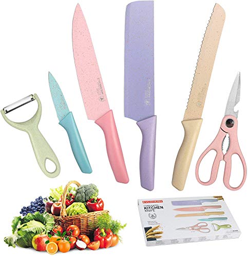 SP-Cow 6 Piezas Juego de Cuchillos de Cocina, 5X Cuchillos de Acero Inoxidable y 1x Cuchillo pelador de Verduras de cerámica,Acero Inoxidable Duro, Equipado con Mango Cómodo,en Diversos Colores