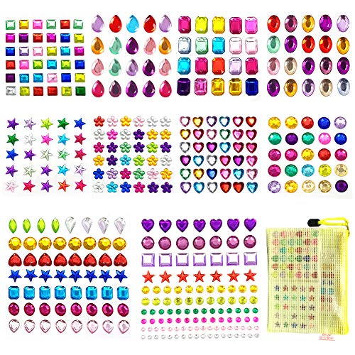 Strass Adhesivo, 14 Hojas de Colores Brillantes Varias Formas Pegatinas de Joyas de Cristal Pegatinas de Diamantes de Imitación para Niños Niña Mujer Artesanal, con 1 Bolsa de Almacenamiento