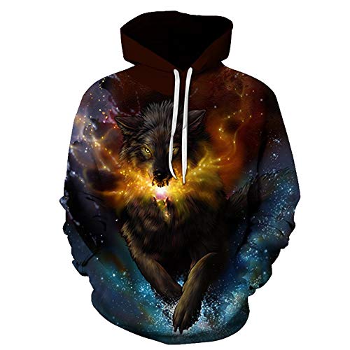 Sudadera Capucha Cordón Gráfico 3D Cool Pullover, Unisex 3D Novedad Sudaderas Con Capucha Hombre Moda for Mujer Lobo Compatible Con Agua Y Fuego Patrones Gráficos Imprimir Sudaderas Con Capucha Jersey