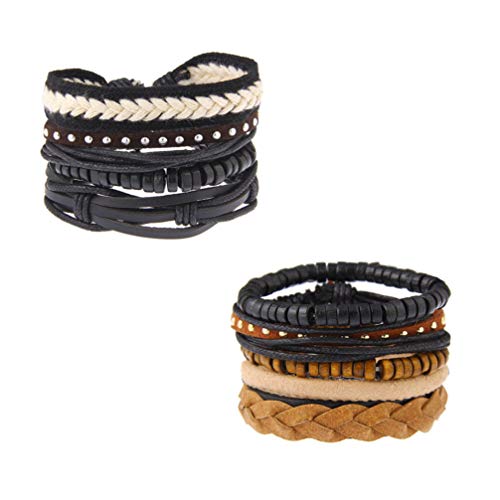 SUPVOX Pulsera de Cuero Trenzado Vintage de 2 Piezas Pulsera de Brazalete Ajustable para Hombres Mujeres (Estilo a + b)