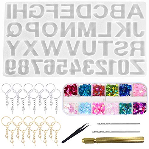 Sweieoni Molde Silicona Resina Set 26 Piezas Número e Letras Molde de Resina Epoxi Moldes Silicona Resina Epoxi Alfabeto Números Molde Silicona para Hacer Joyerias con Colorido Lentejuelas