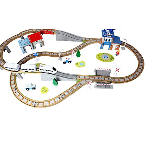 SXJ Juego De Trenes De Madera con Rieles De Tren De Doble Cara, 3 Vagones De Tren Magnético Y Tren De Puente De Madera, Juego De Camiones Eléctricos, para Niños Pequeños, 100 PCS