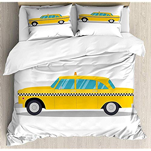 Taxi Vintage Style Checker Cab Ilustración de Fondo Liso, Juego de Cama de 3 Piezas 2 Fundas de Almohada, Blanco y Amarillo Tierra