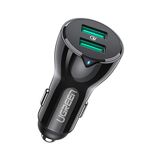 UGREEN Dual QC3.0 Cargador de Coche, 36W/6A Mini Cargador Coche Carga Rápida, Cargador Móvil Coche Compatible con iPhone 12 Pro MAX, 11, XR, XS, 8, iPad, Galaxy S20 S10, Huawei P40, P30, Redmi Note 8