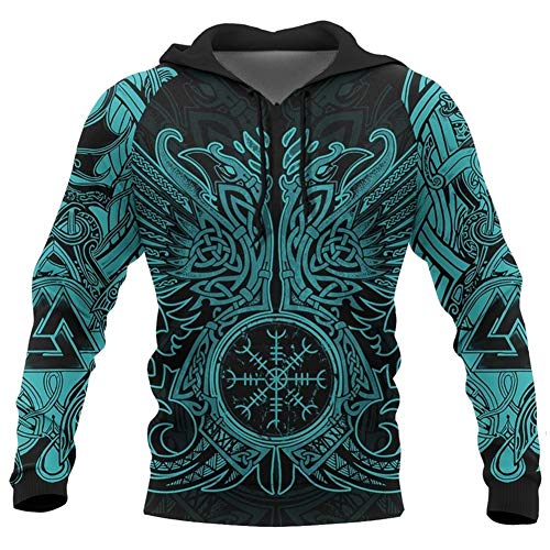 Unisex Gráfico Realista Odin's Raven Helm of Awe Tattoo Sudadera con Capucha con Estampado 3D, Sudadera Nórdica Pirata Celta Pagana, Suéter Informal de Manga Larga con Bolsillos Grandes,Verde,S