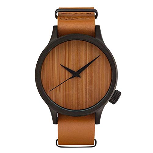 WARMWORD Reloj de Madera de bambú, Reloj Unisex Cuarzo Relojes Hombre Mujer Marrón Moda Casual bambú Natural Hecho a Mano con la Correa de Cuero Genuino, Reloj Simple