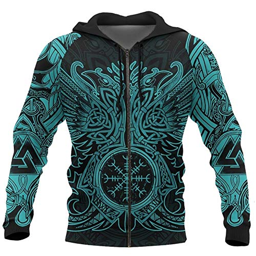 WDBAYXH Gráfico Unisex Vívido Gráfico Vívido Odin's Raven Helm of Awe Tattoo 3D Print Full Zip Hoodie, Nórdico Germánico Islandés Pagano Grandes Bolsillos de Manga Larga Cordón Pullover,Verde,M