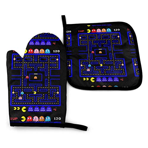 wenxiupin Retro Arcade - Juego de Guantes y Porta ollas duraderos para Horno, Guantes de microondas de Cocina Personalizados, Lavables y resisten