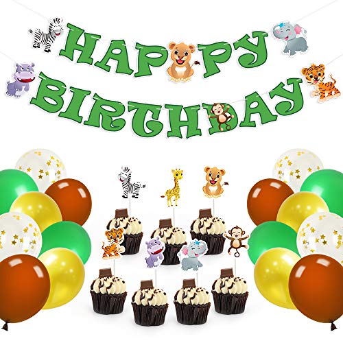 WERNNSAI Selva Safari Tema Fiesta Decoraciones Conjunto - 49 PCS Zoo Animales Suministros para la Fiesta para Niños Cumpleaños Happy Birthday Bandera Cupcake Toppers Palos, Confeti de Látex Globos