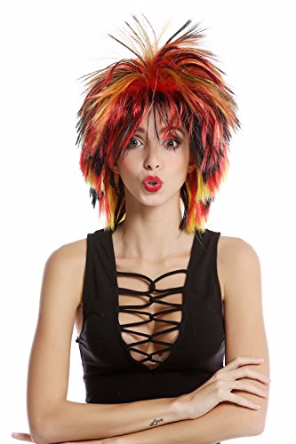 WIG ME UP- 91285 Peluca Mujer Carnaval fútbol hincha Estilo años 80 Salvaje Punk Negro Rojo Oro Alemania Fan