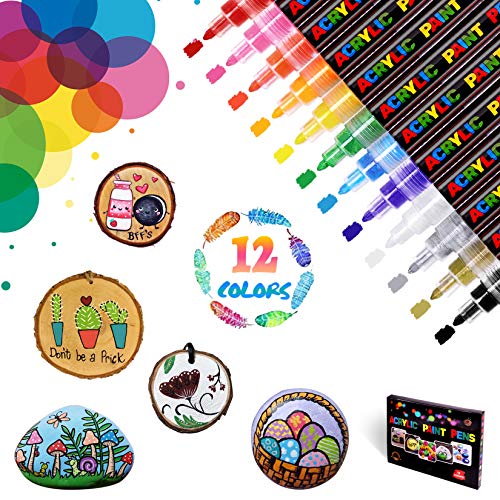 WONSAR Rotuladores Acrilicos 12 Colores Rotuladores de Pintura Acrílica para Lienzo Madera Metal Papel Vidrio Cerámica Taza Plástico Álbum de Fotos Kit de Manualidades DIY (0,7 mm)