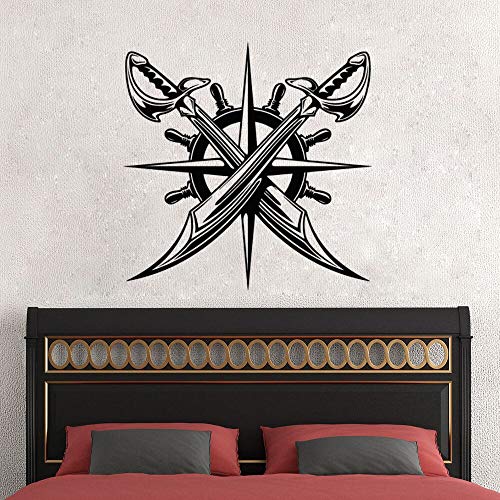 XCSJX Calcomanías de Pared de Vinilo náutico decoración del hogar brújula Cruzada Pirata Pegatinas de Pared Barco Rueda brújula extraíble Vinilo Pegatinas de Pared Cartel 42x42 cm