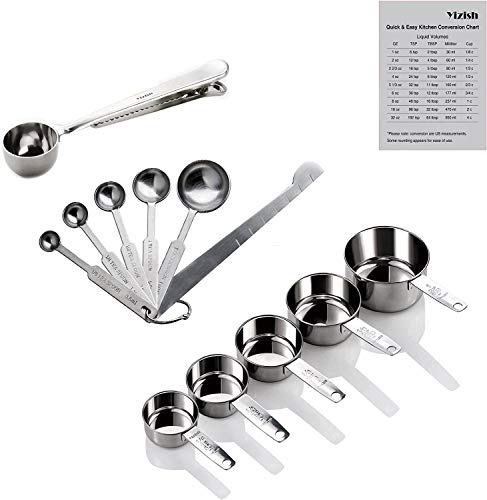 Yizish Tazas y cucharas de medir de acero inoxidable con regla de medición, cuchara con clip, tabla de conversión de cocina Juego de 12 para ingredientes secos y líquidos