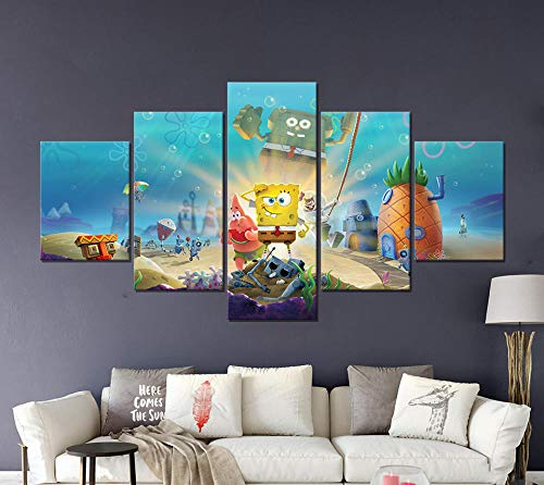 YOPLLL Cuadros De Lienzo Decoración para El Hogar 5 Piezas Paintings Wall Art Prints Modern Poster Modular Bed Background Dibujos Animados De Batalla De Bob Esponja(Enmarcado)