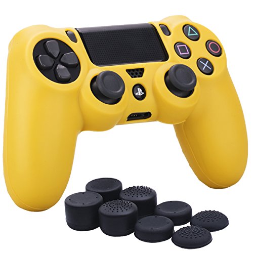 YoRHa silicona caso piel Fundas protectores cubierta para Sony PS4/slim/Pro Mando x 1 (amarillo) Con PRO los puños pulgar thumb gripsx 8