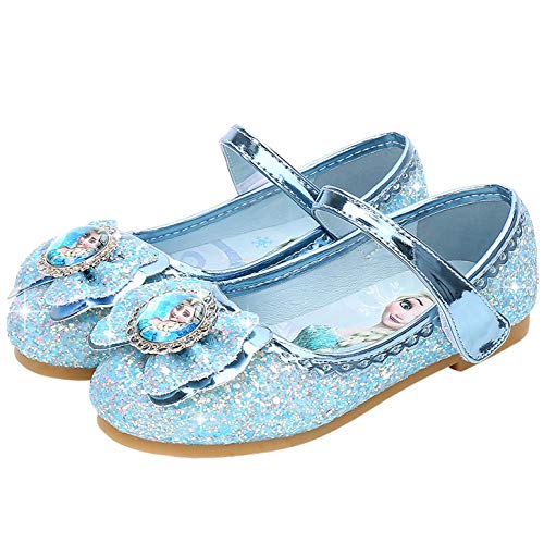 YOSICIL Zapatos de la Princesa Elsa niñas con Lentejuela Zapato de Disfraz Elsa Frozen de Princesa Disfraz Sandalias con Velcro Tacón Zapatos de Fiesta Halloween Cumpleaños Azul EU22-35