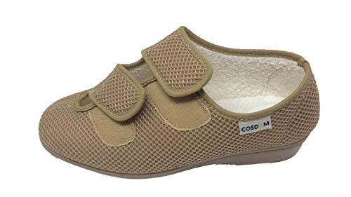 Zapatilla de Calle/De Mujer/Ancho Especial/Cosdam/Doble Cierre fácil/Suela de Goma/Cuña 3 cms/Color: Beige/Talla 35