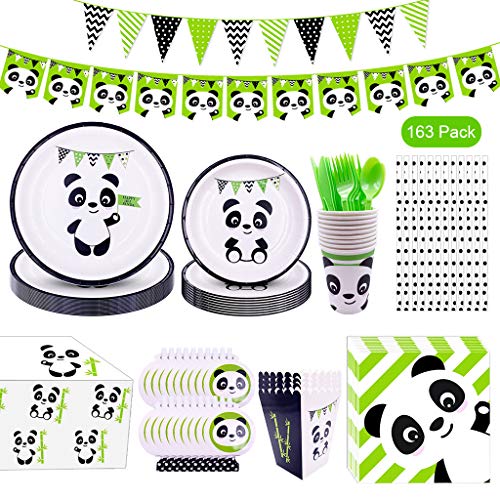 163 Piezas Fiesta de Mesa de Panda Decoración de cumpleaños Papel Panda Platos Tazas Estandarte para Decoraciones Cumpleaños Panda Cumpleaños de niños, Fiesta Deco, Baby Shower (16 Invitados)