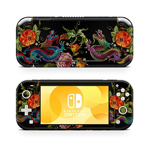 46 North Design Switch Lite Skin Vinyl Stickers, Bordado Dragón Pulmón Arte Oriental Chino Negro Oro Japón Suerte Cultura Rey, Alta calidad, Durable, Sin burbujas, Made in Canada