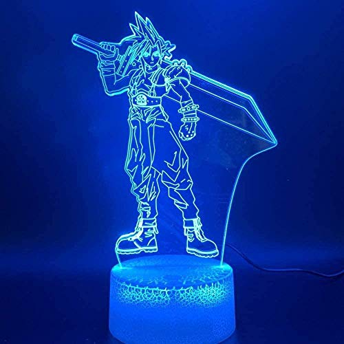 A-Generic Lámpara 3D luz de Noche led Final Fantasy Cloud Strife Figura luz de Noche decoración del hogar Cambio de Color Regalo de cumpleaños para niños Dormitorio 16 Colores