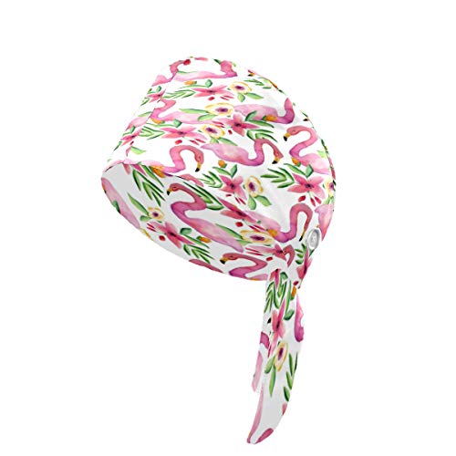 Acuarela Flamencos Rosa Patrón de Pájaro Scrub Sombrero con Botón Sweatband Turban Cap para Mujeres Hombres Unisex Sombrero de Trabajo Ajustable Lazo