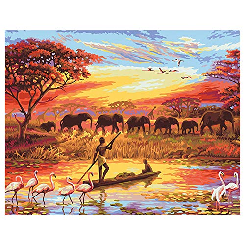 AHCMYK Pintar por Numeros para Kit - Manada De Elefantes Animales Al Atardecer, Adultos Niños Pintura por Números con Pinceles y Pinturas Decoraciones para el Hogar Familia (40 X 50 cm, Sin Marco)