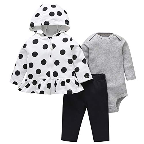 amropi Bebé Niñas Manga Larga Conjunto de Ropa Capucha Abrigos Peleles Pantalones 3 Piezas Cómodo Trajes(Blanco Negro,18-24 Meses)