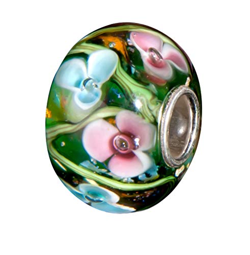 Andante-Stones - Original, Plata de Ley 925 sólida, Cuenta de Cristal de la Serie Sealife Flores de Color Verde-Rosa-Azul, Elemento Bola para Cuentas European Beads + Saco de Organza