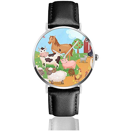 Animales de Granja Pájaros Granero Casa Vida Salvaje Naturaleza de Dibujos Animados Reloj de Cuarzo Casual clásico Relojes con Correa de Cuero de Acero Inoxidable