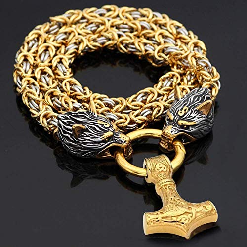 AQzxdc Collar de Acero Inoxidable con Cabeza de Lobo Vikingo para Hombres Nórdicos, Colgante Mjolnir de Martillo Thor Hecho A Mano con Amuleto Cadena de Rey Pesado Joyería Vintage,Oro,70CM