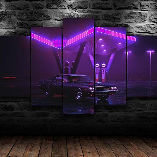 AWER Canvas Wall Art，Gasolinera Neon SS Material Tejido Impresión，Impresión En Hd，Imagen Modular，decoración del hogar，5 Piezas 150x80cm，Con Marco