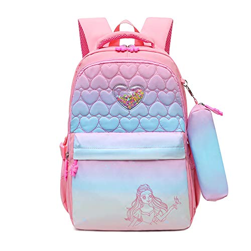 AXUHENGO Patrón de ensueño Mochilas escolares para niños Mochilas de princesa para niñas Mochilas grandes de tela para niños grandes Paquete de bolsa suave de escuela primaria Grado 3-5-7 Rosa