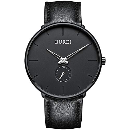 BUREI Reloj de Hombres Minimalista Ultra Delgado Negro Analógico Cuarzo Relojes de Pulsera para Hombres Mujeres